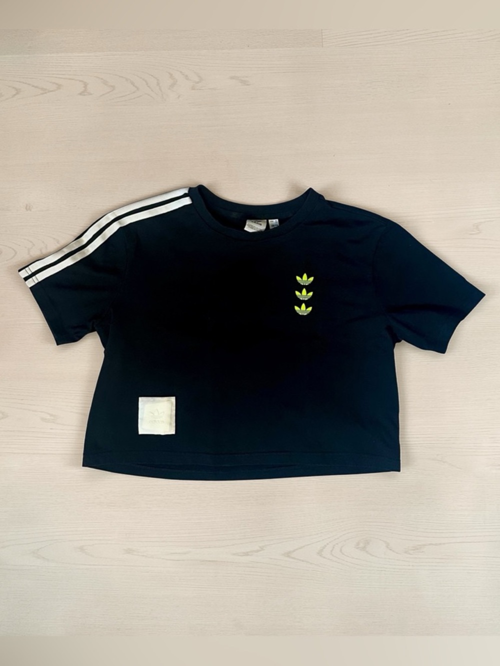 adidas Black Crop Tee with White Shoulder Stripes and Neon Yellow Trefoil